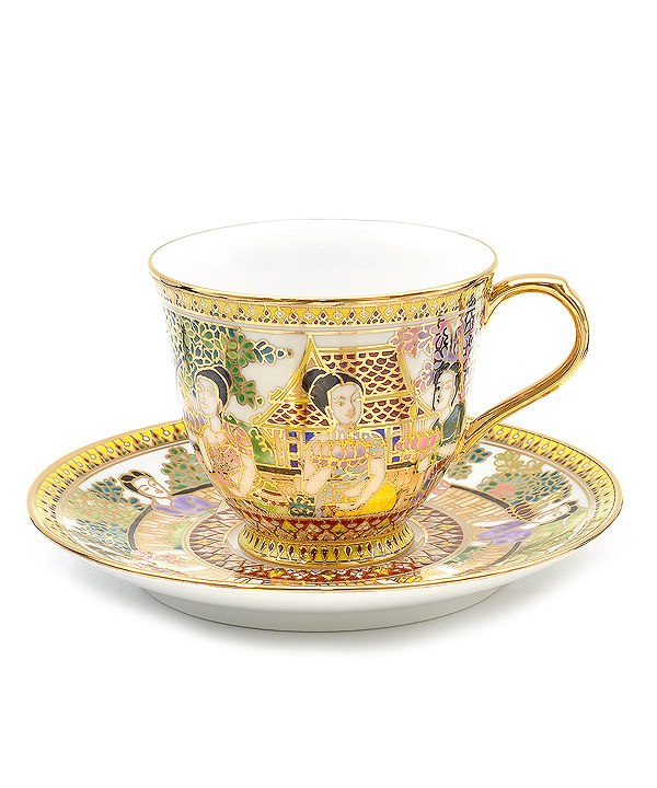 Benjarong coffee cup in Loy-Kra-Thong festival pattern