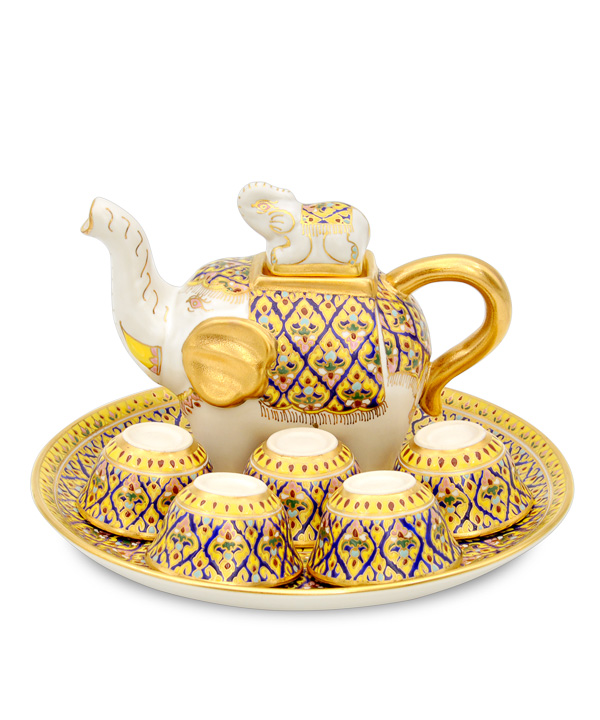 Elephant benjarong tea set in Key-Yark pattern, matt glaze